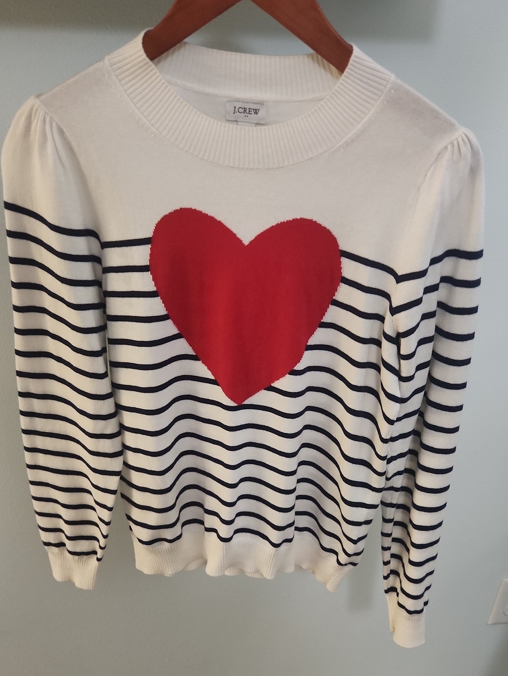 J. Crew Factory White Striped Sweater with Red Heart
